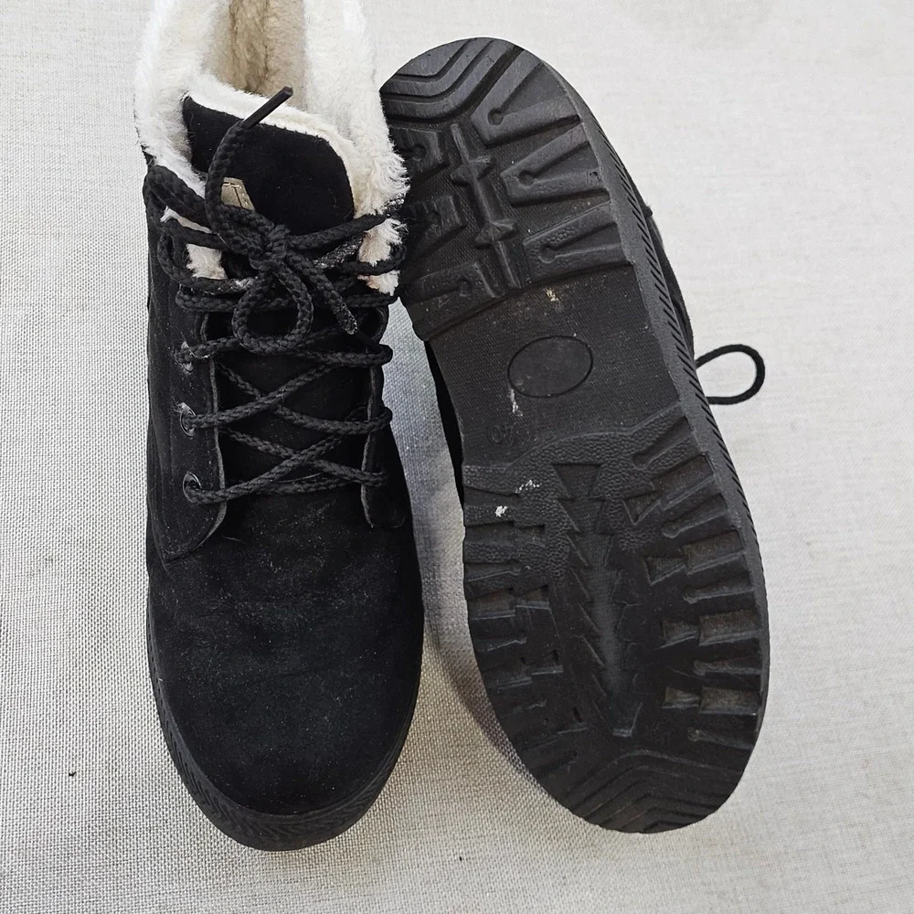 Merence Womens Ankle Boots Black Faux Fur Lined Lace Up Lug‎ Sole EU 40 / 9.5